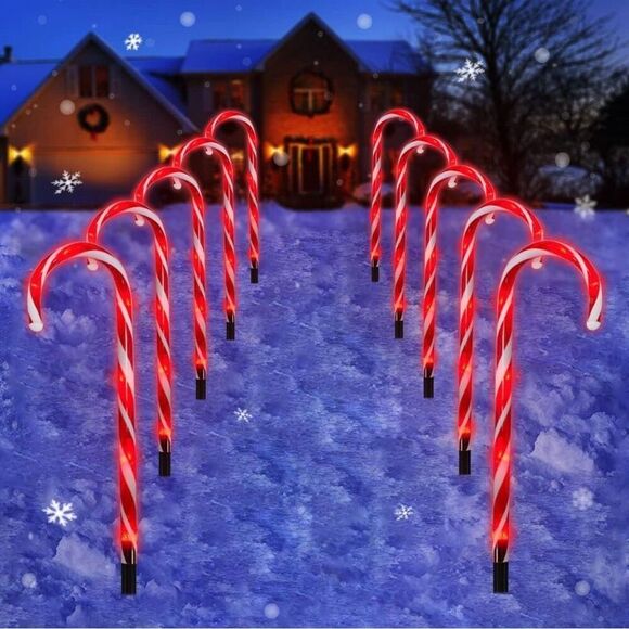 Candy Cane Outdoor Lights 10 Pack Red LEDs Lighted Christmas Path Lights String - Picture 1 of 6